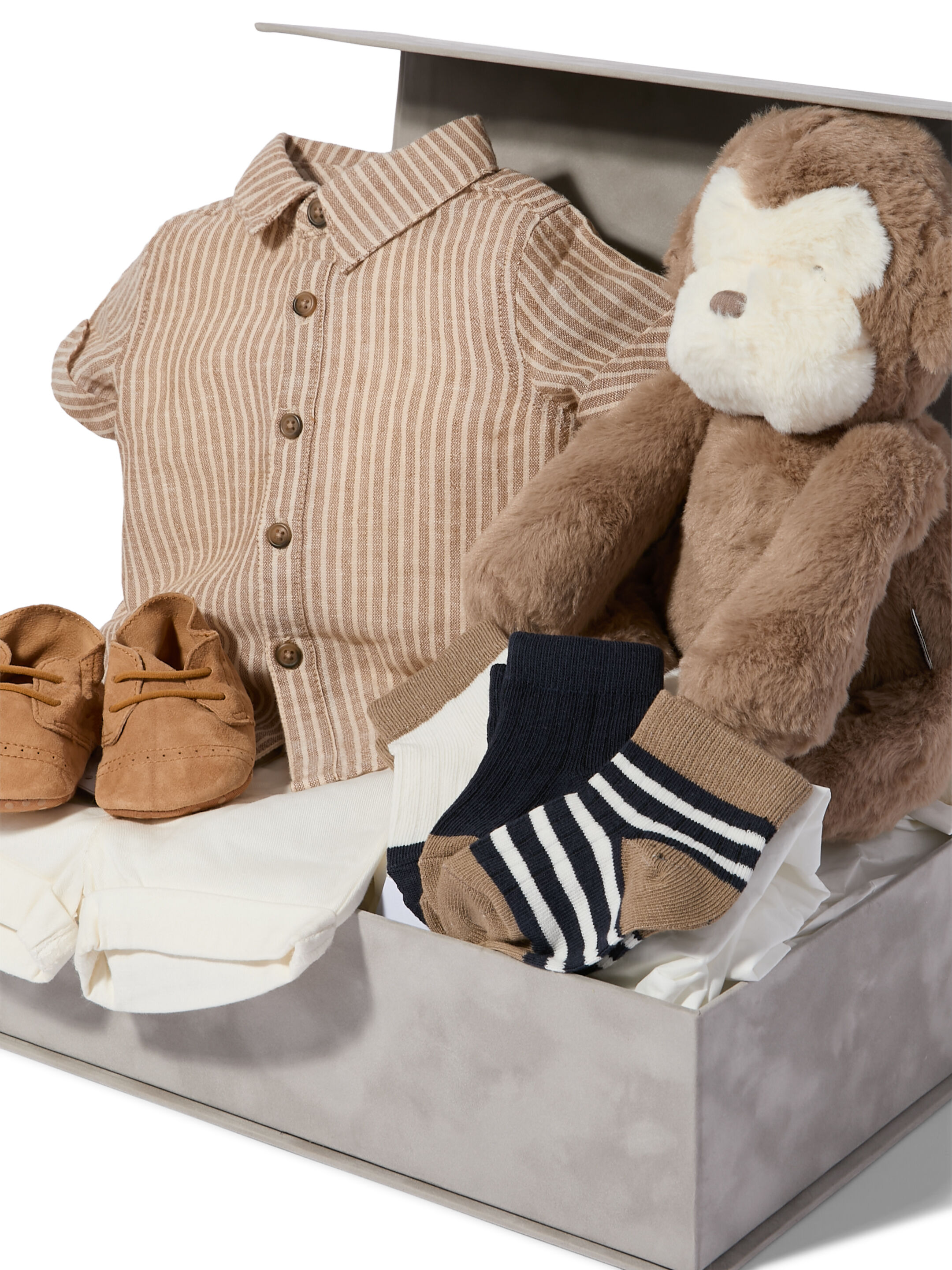 Stripped 2 Piece Suit - 5 Piece Gift Set with Suede Pram Shoes and Soft Toy Monkey image number 2